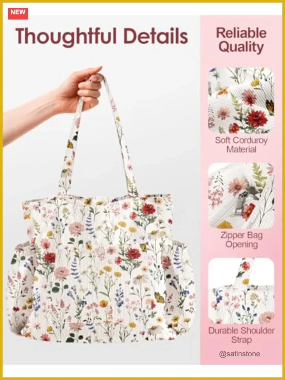 Large Corduroy Tote Bag for Women with Zipper